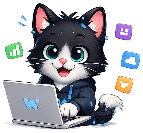 WetCat mascot coding on a laptop
